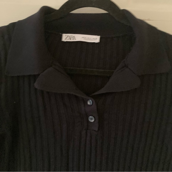 Zara Long Sleeved Collared Ribbed Polo Shirt, size S, Black - Picture 3 of 7
